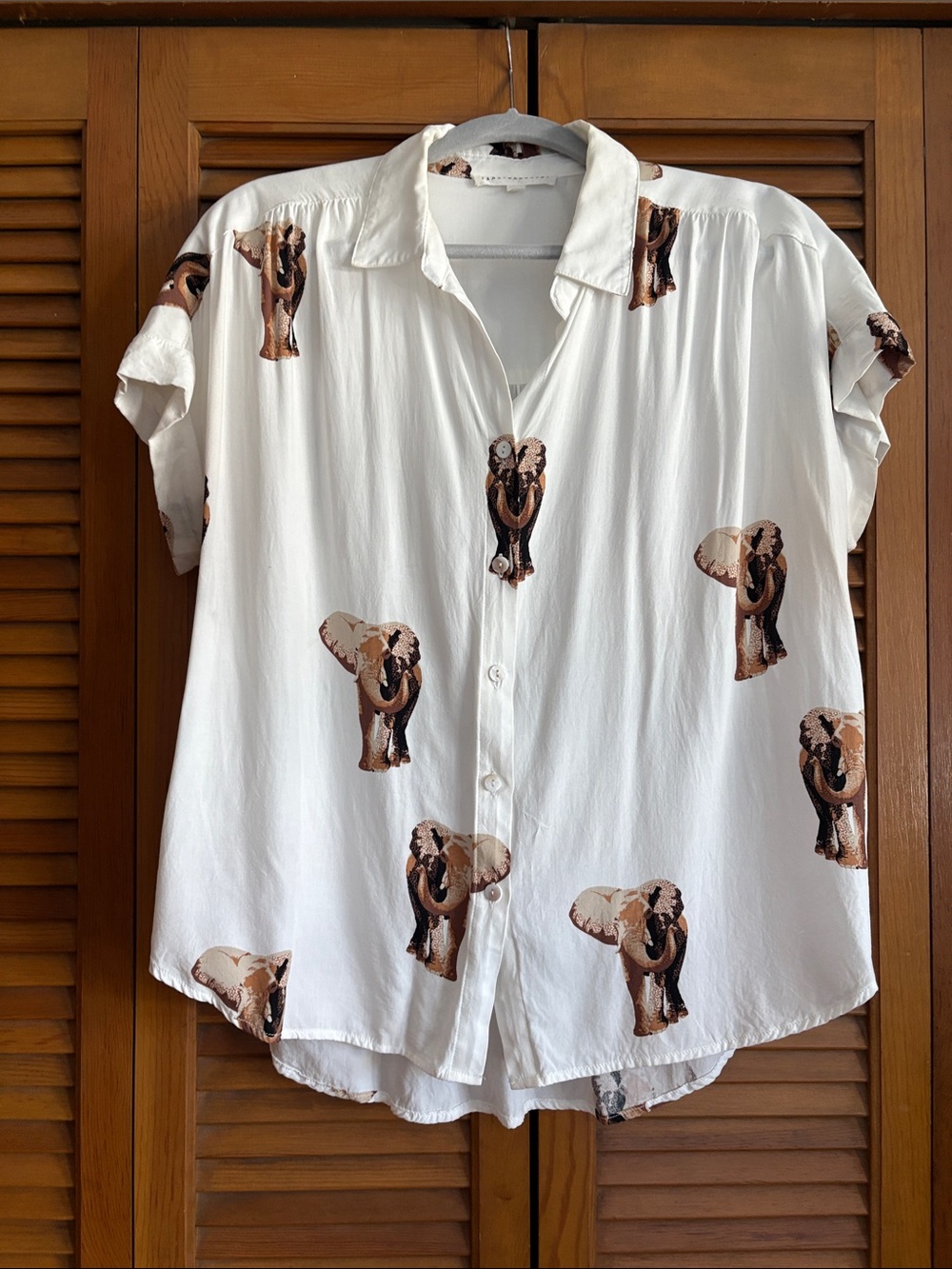 Jane and Delancey White Button-Down Shirt with Brown Elephant Print Accent